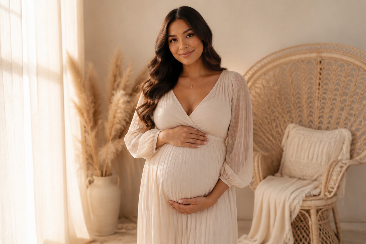 Adult maternity portrait with coordinated clothing and lighting