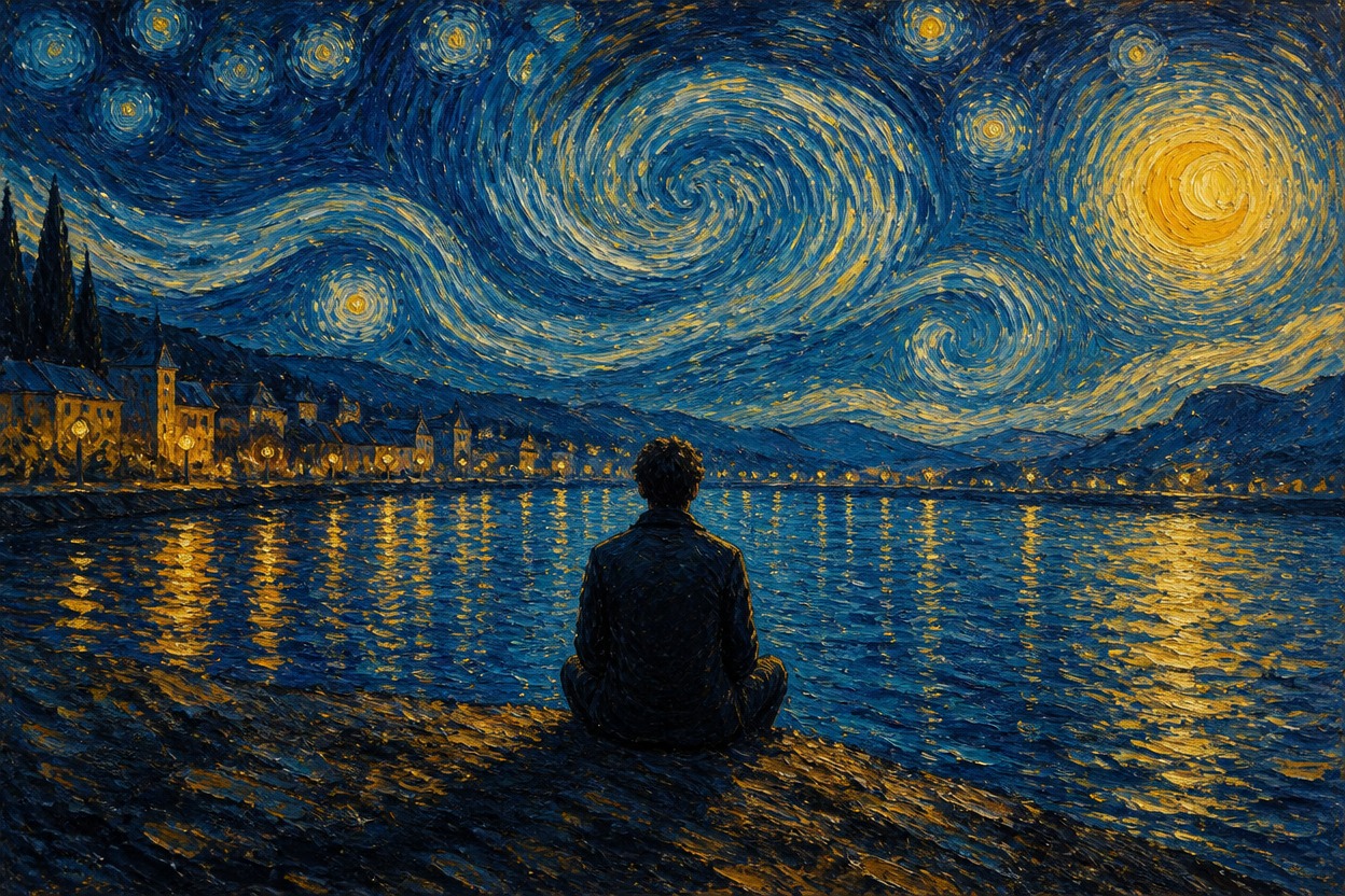 Blue-and-gold night landscape with a lone figure beside reflective water.