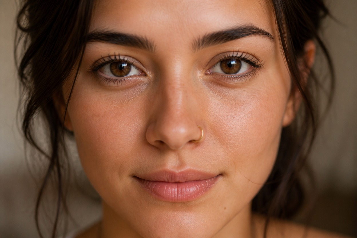 Frontal portrait with a small gold nostril hoop and natural skin texture