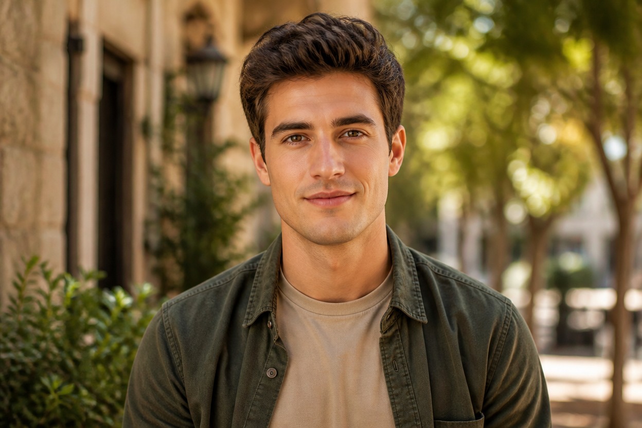 Clean-shaven environmental portrait retaining hairstyle, clothing, pose, and lighting