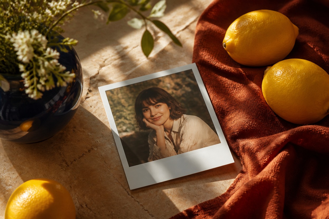 Instant-film portrait with a broad white border beside a navy vase, lemons, and rust cloth