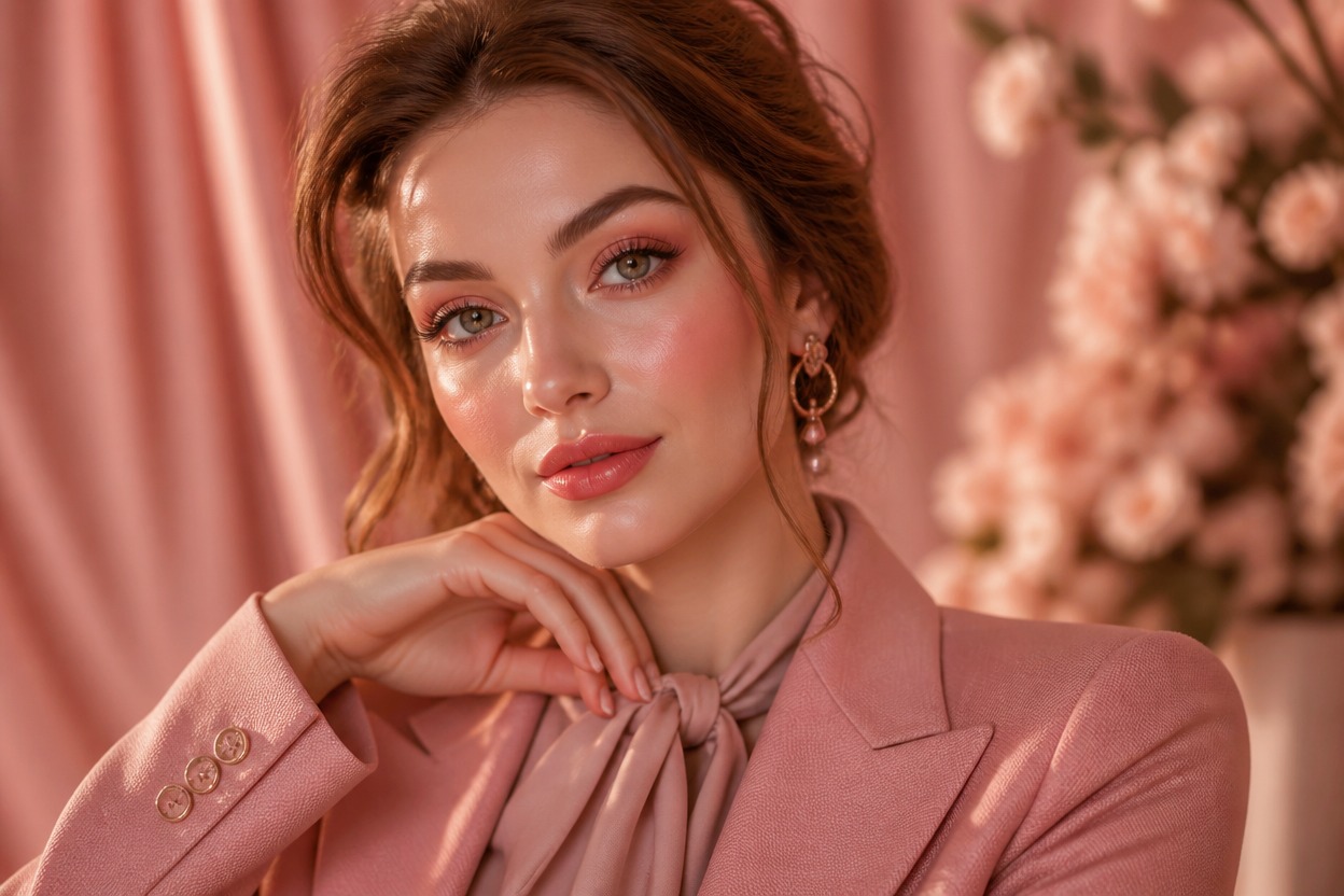 Adult model in coordinated rose-toned makeup and tailored fashion