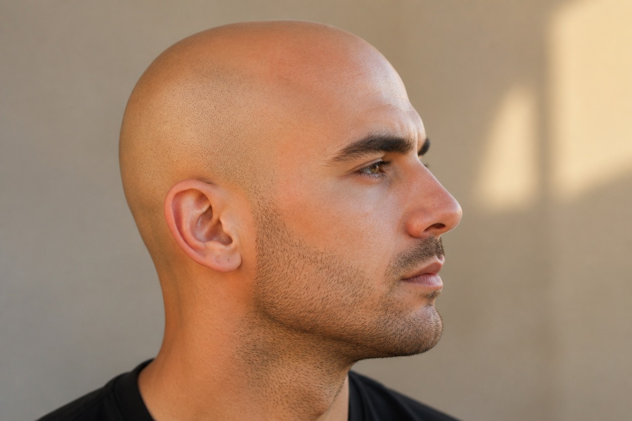Side-profile portrait showing a naturally hairless scalp with realistic skin texture