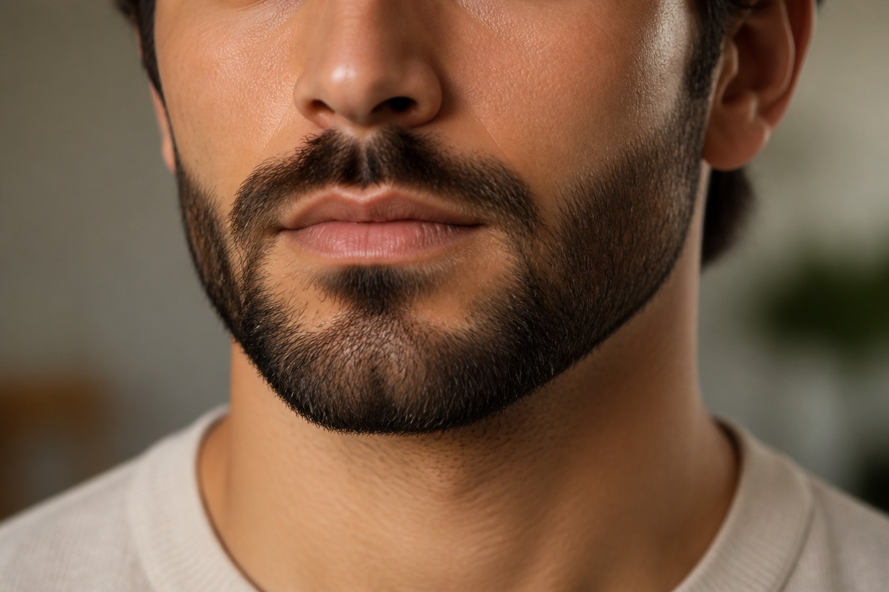 Close-up portrait with a beard shaped naturally around the cheeks and jawline.