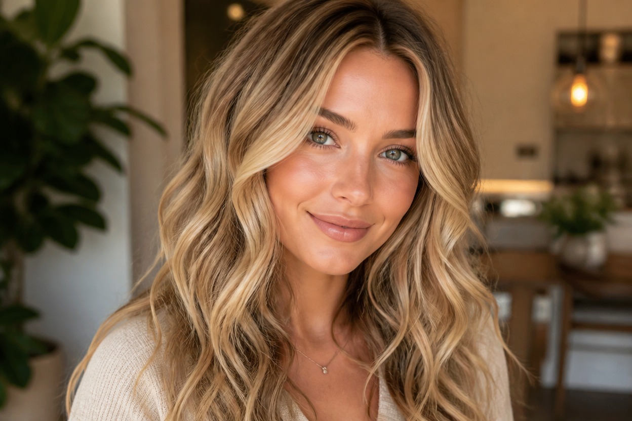 Woman with dark blonde roots, bright face-framing highlights, and softly shadowed wavy layers.