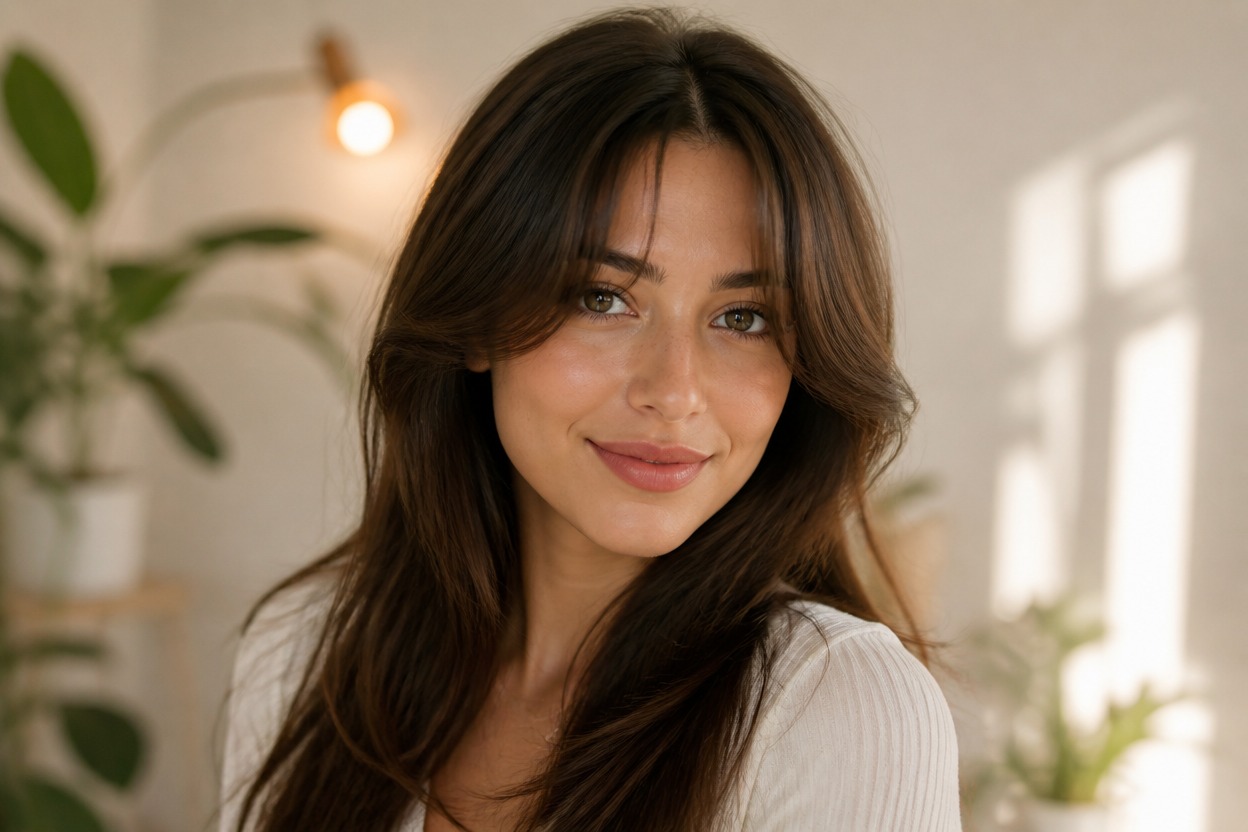 Three-quarter portrait with curtain bangs framing the face and shoulders