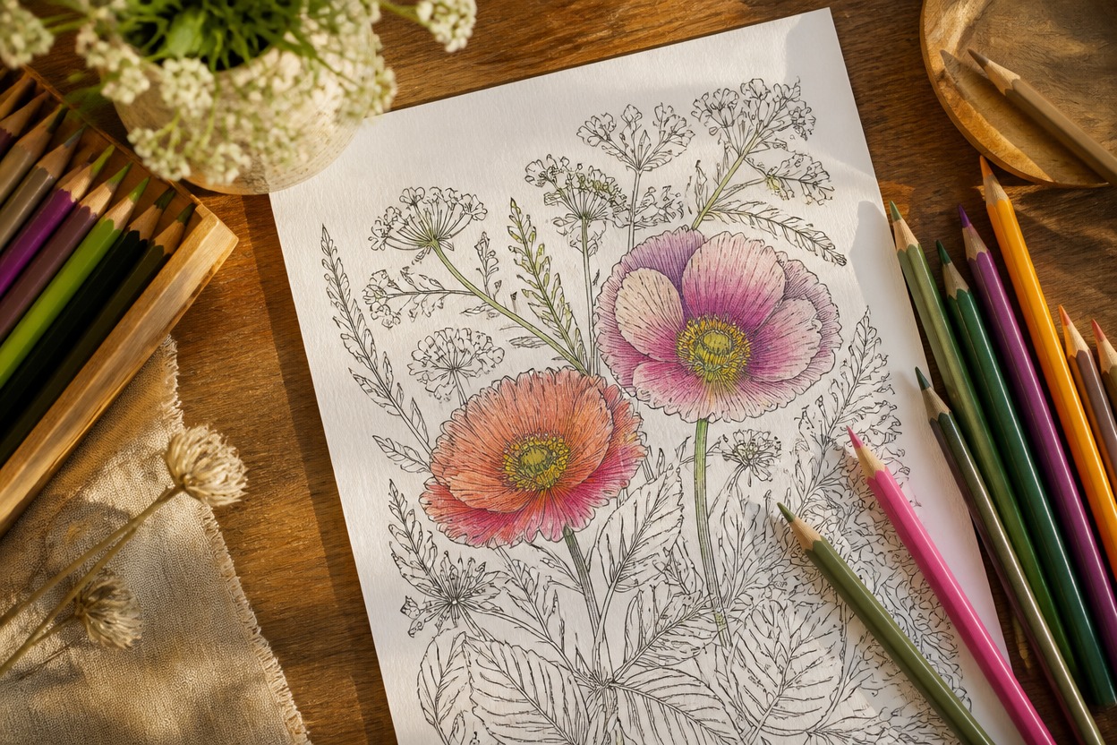 Uncolored botanical line-art sheet with plain colored pencils on a wooden desk