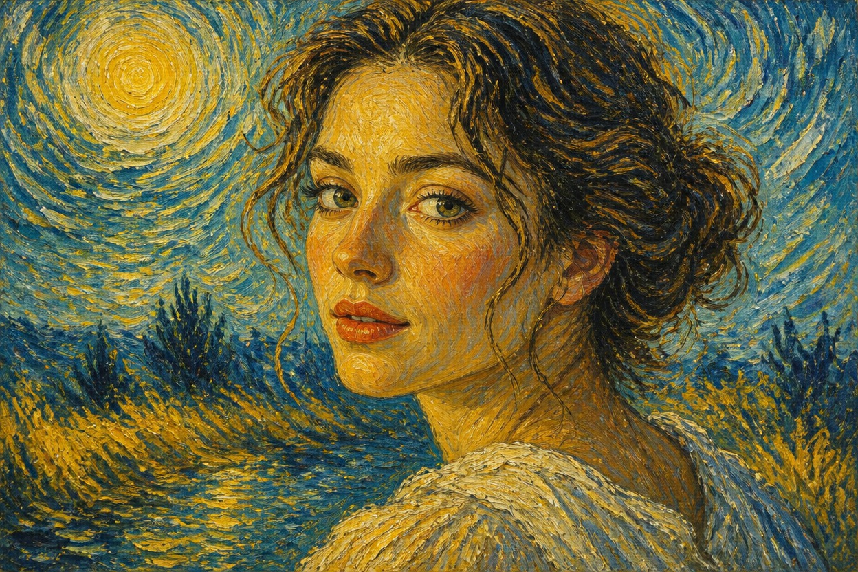Portrait transformed with expressive swirling, textured brushstrokes.