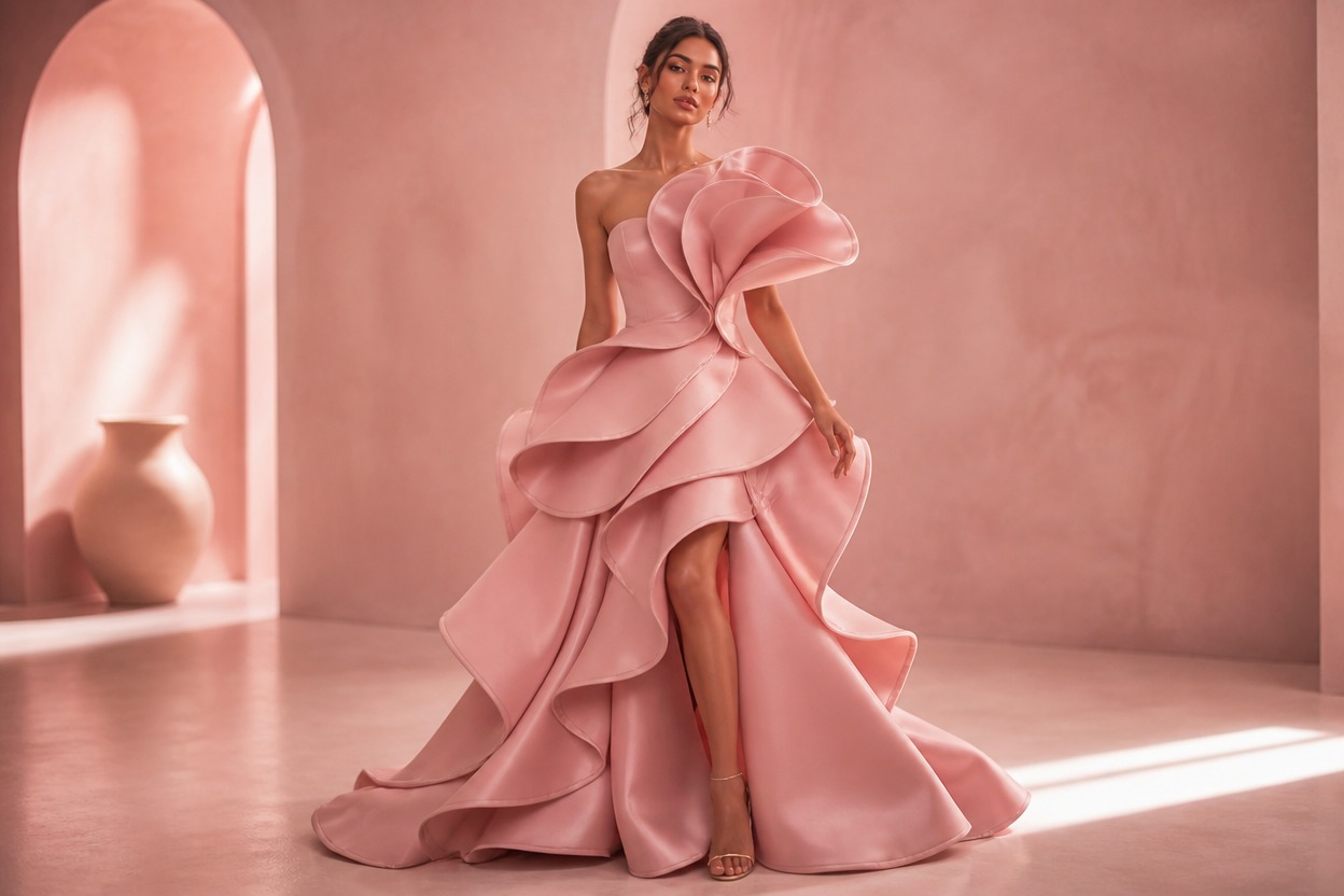 Adult model in a sculptural pink gown within a coordinated editorial set