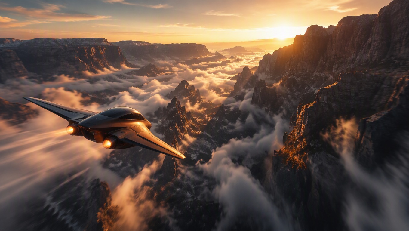 Original aircraft sweeping through a cinematic mountain canyon