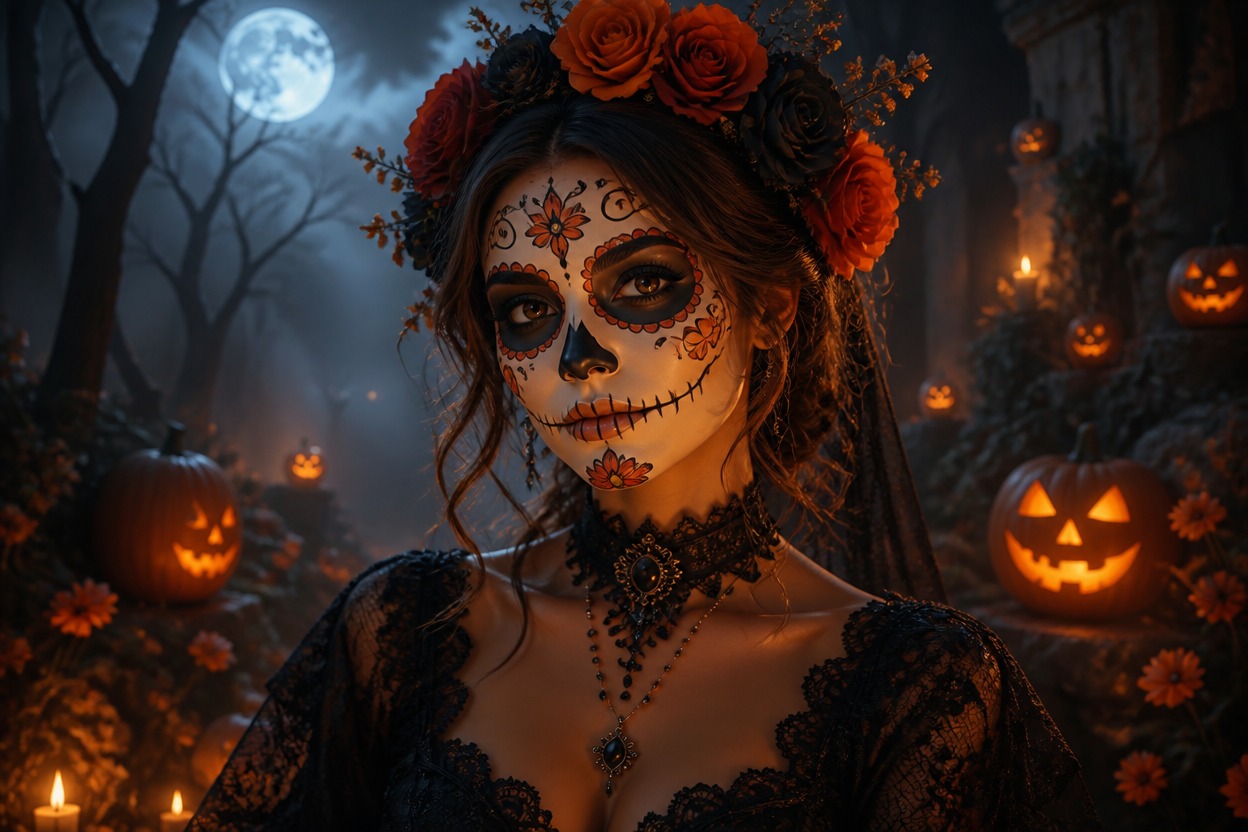 Woman in ornate skull makeup and black lace among pumpkins in a moonlit autumn forest