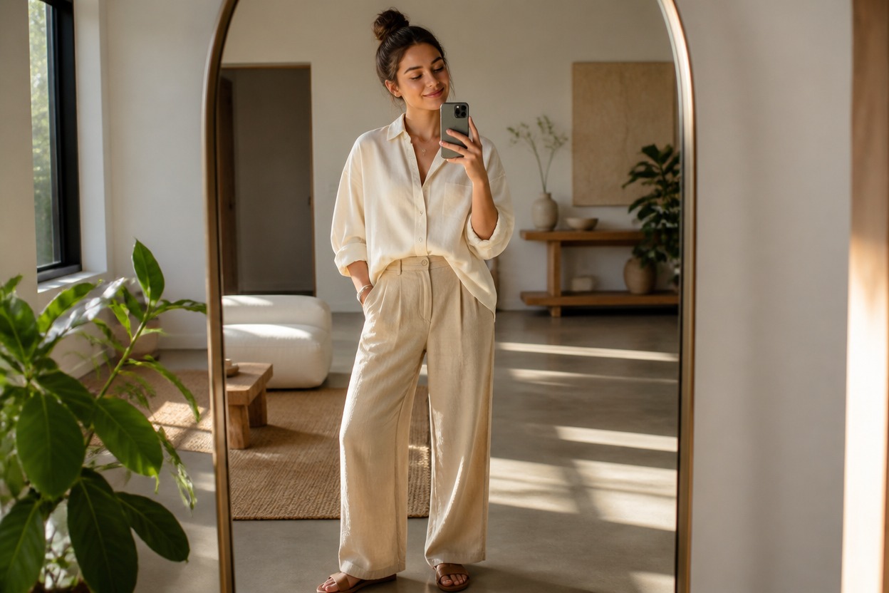 Polished full-body mirror selfie in a bright minimalist studio