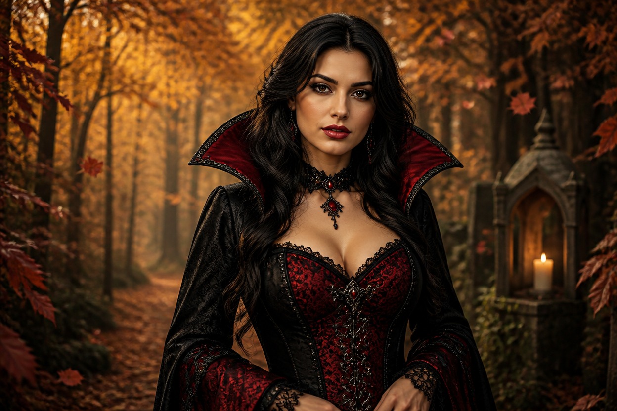 Dark-haired woman in an ornate black-and-crimson vampire costume against a warm autumn forest
