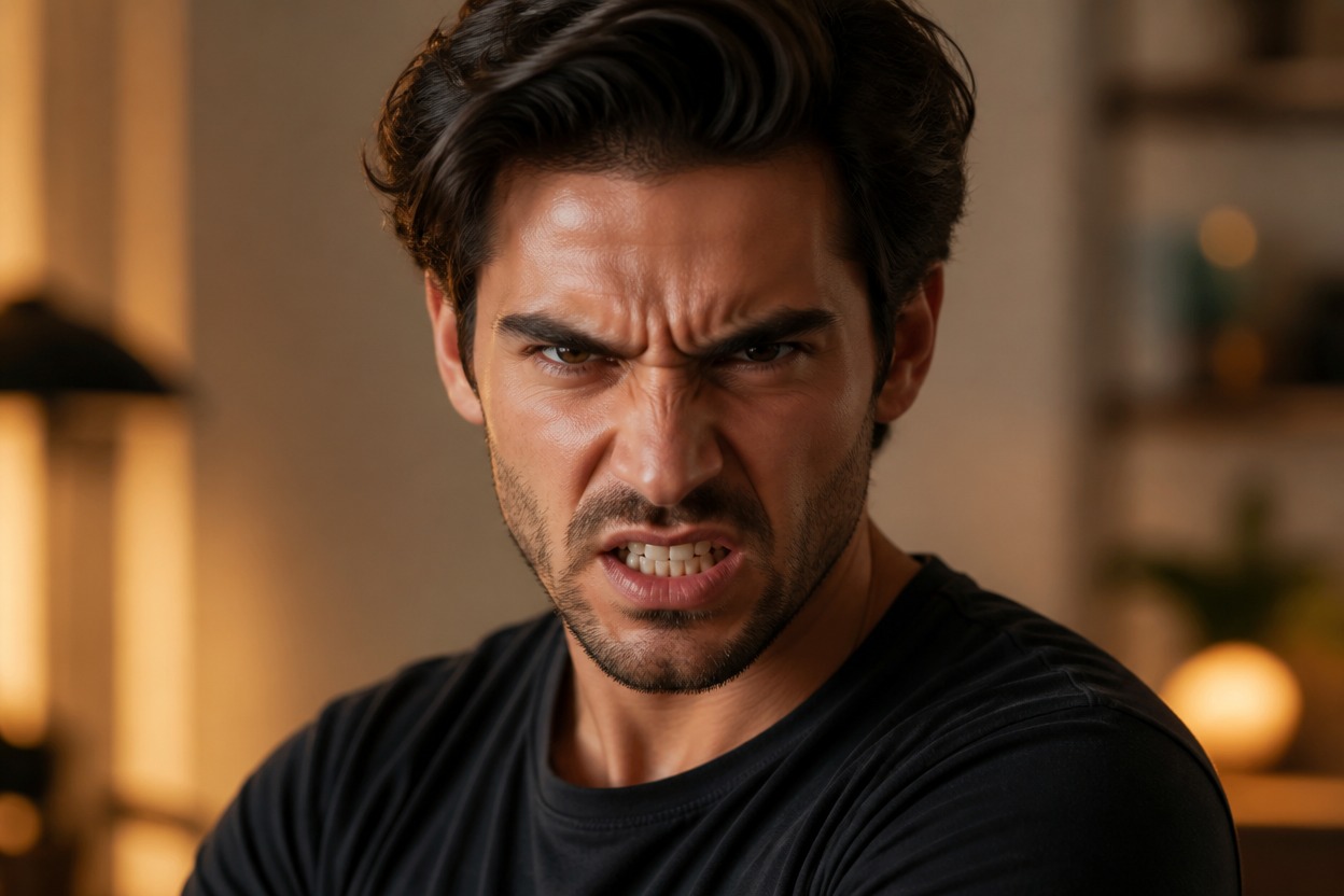 Angry three-quarter portrait in a softly lit interior