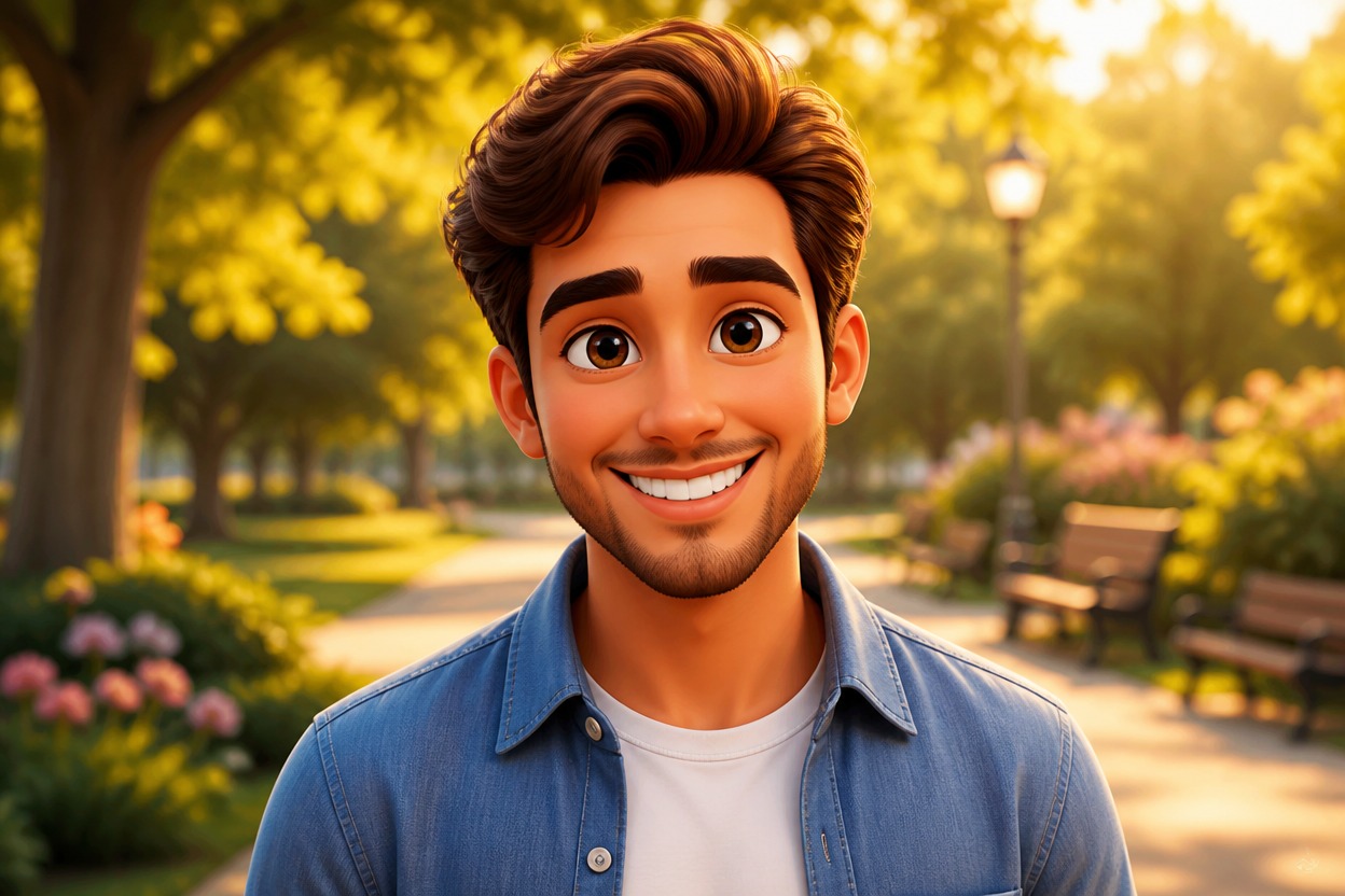 Smiling emoji-style man in a colorful park scene