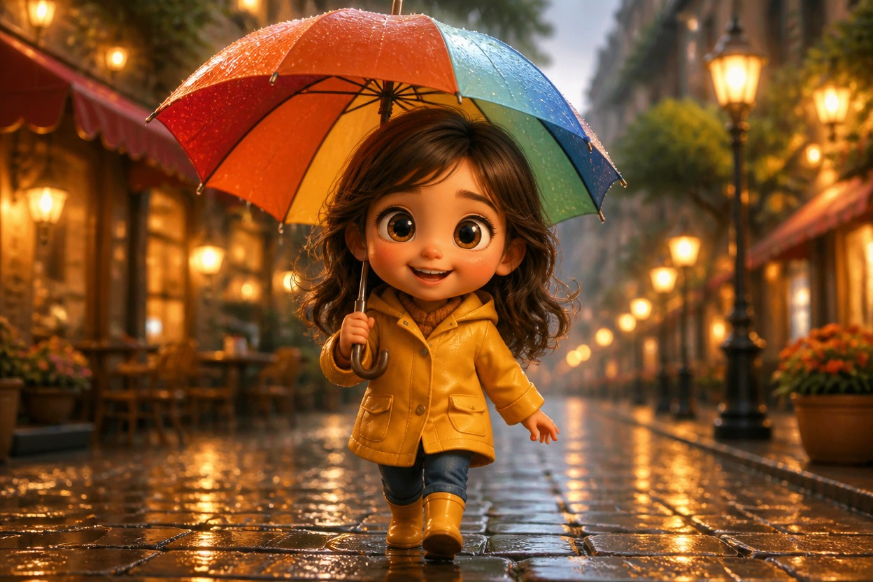Chibi child with an umbrella walking along a rain-lit city street