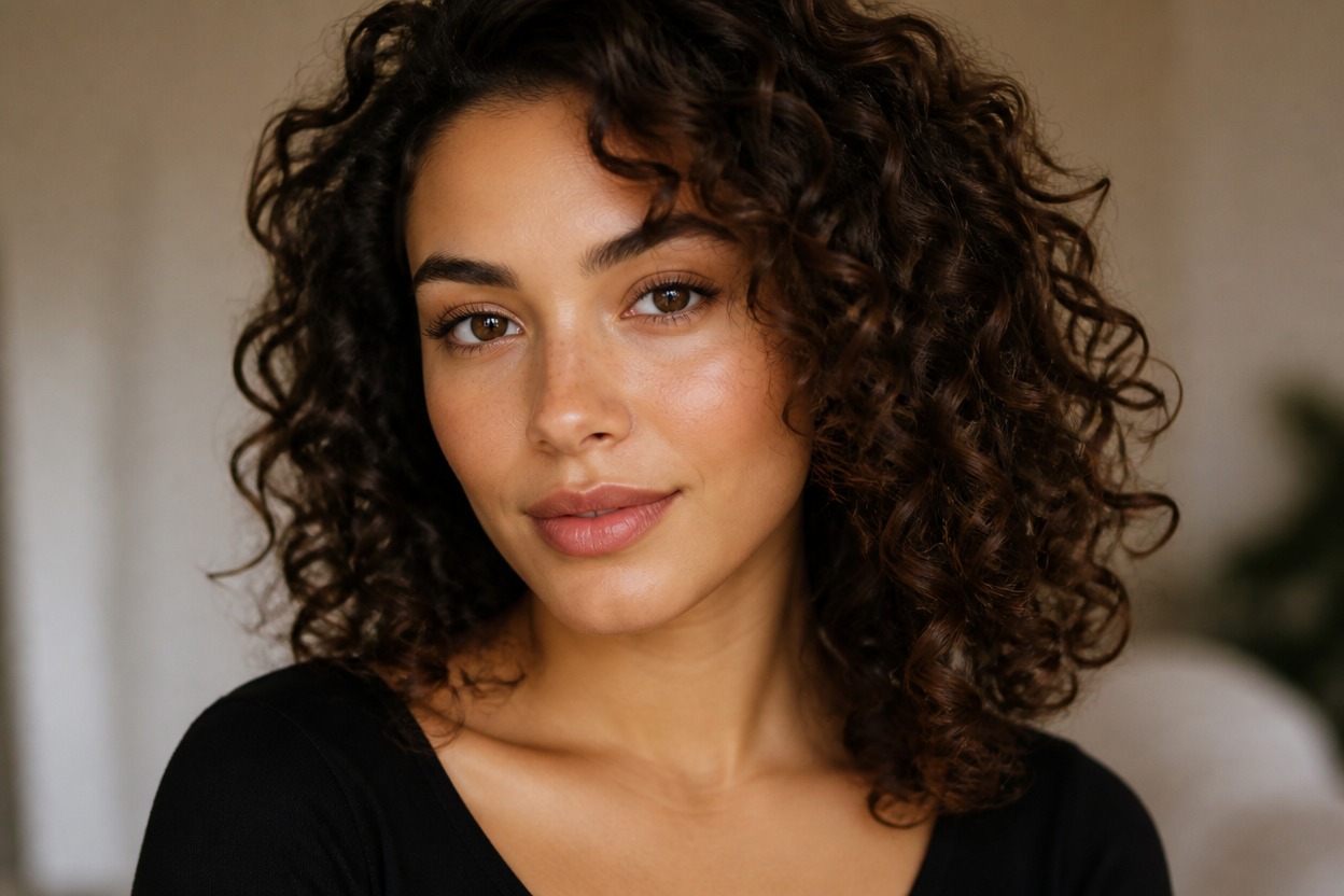 Close editorial portrait with natural skin texture, clean curls, black clothing, and soft directional light