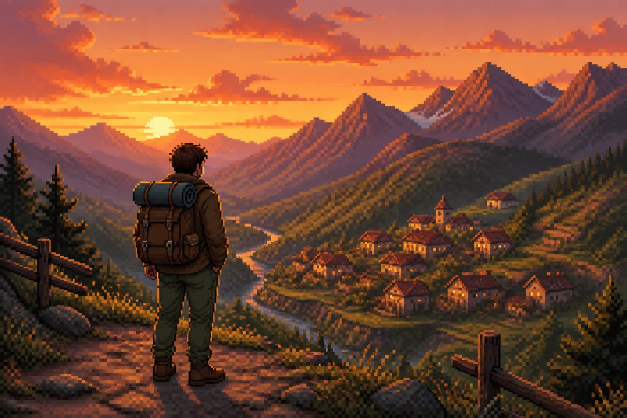 Pixel art traveler overlooking a mountain village at sunset