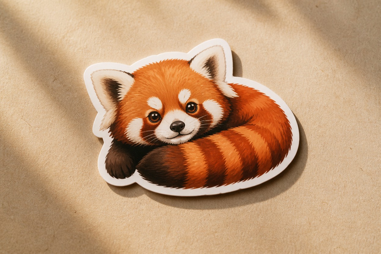 Red panda die-cut sticker with a crisp white border on a neutral paper surface