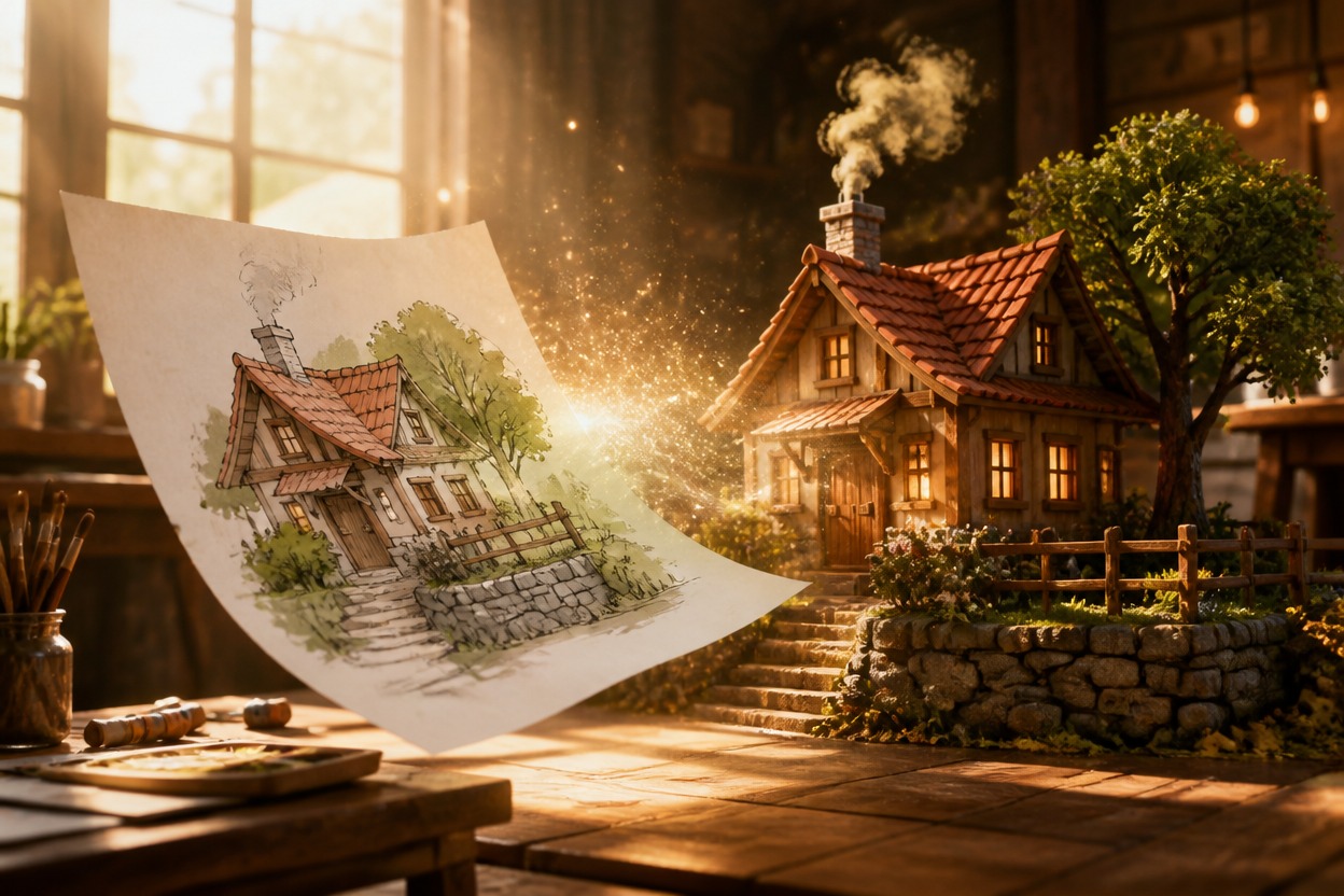 Layered studio scene with realistic perspective and depth