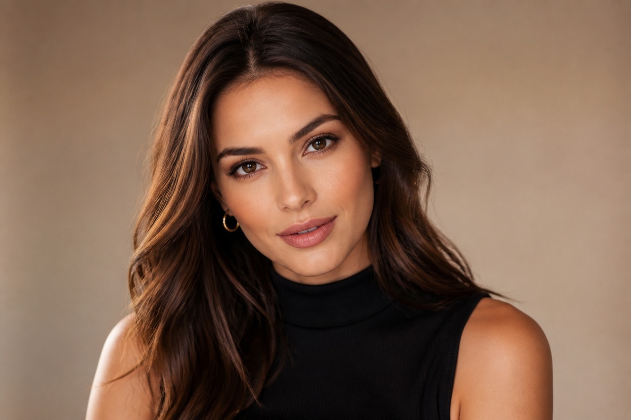 Editorial portrait with coordinated hair, grooming, black wardrobe, soft light, and a neutral background