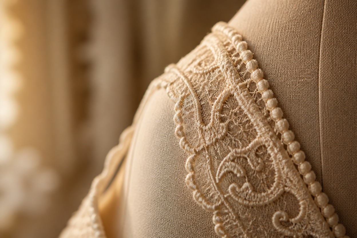 Close-up review of fabric edges and garment details on a neutral dress form