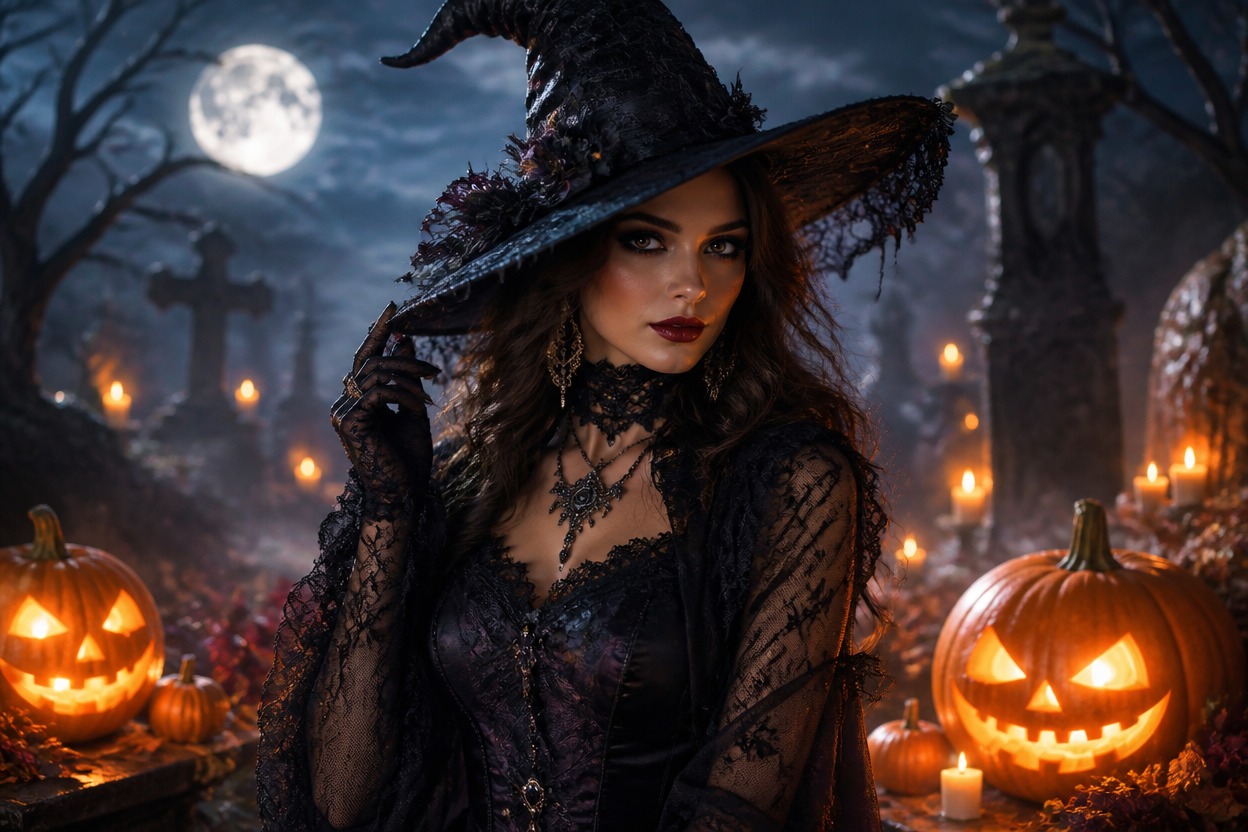Gothic witch in a lace hat among glowing pumpkins in a moonlit misty graveyard