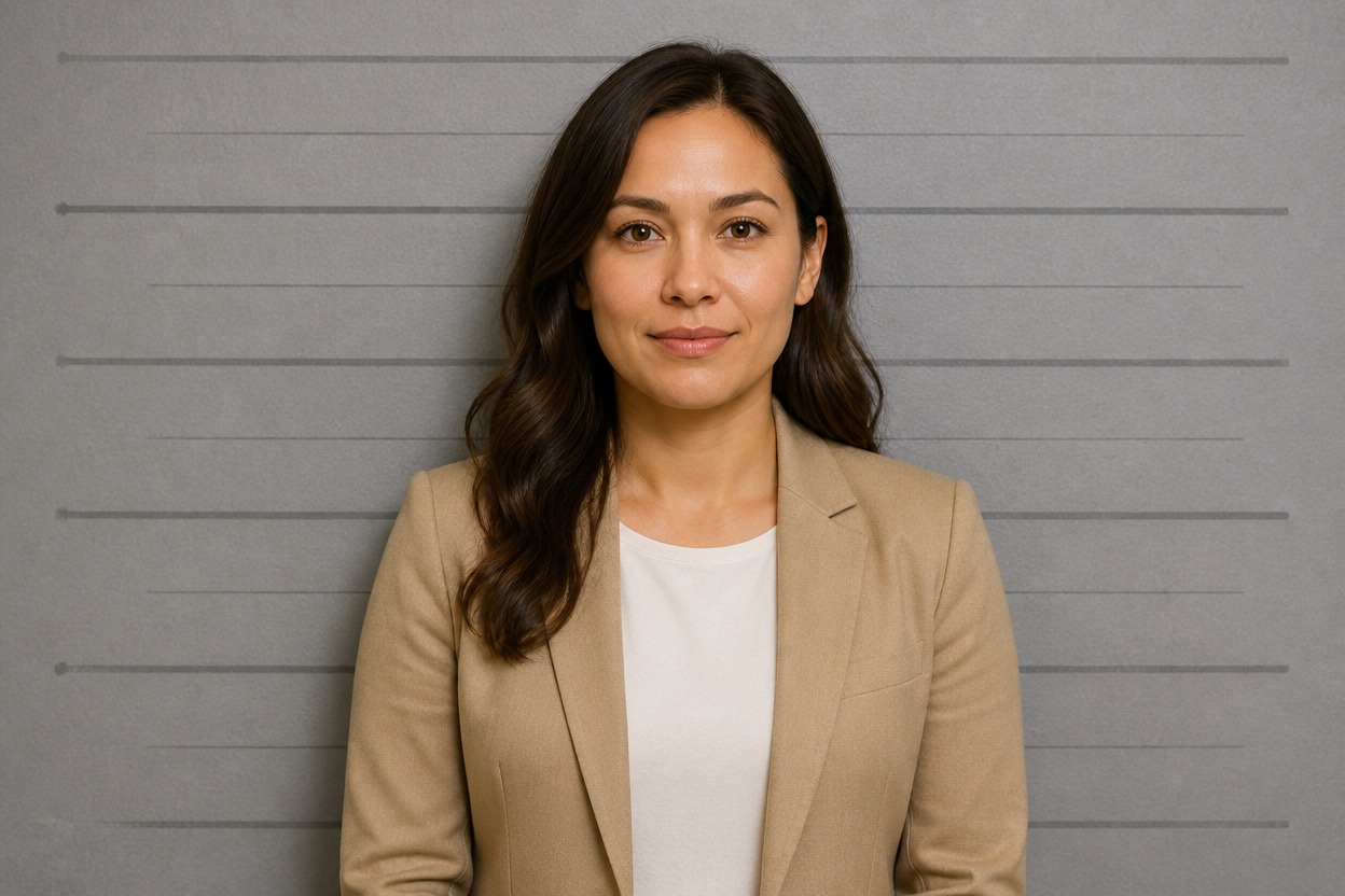 Waist-up fictional adult portrait with clear facial detail and background continuity