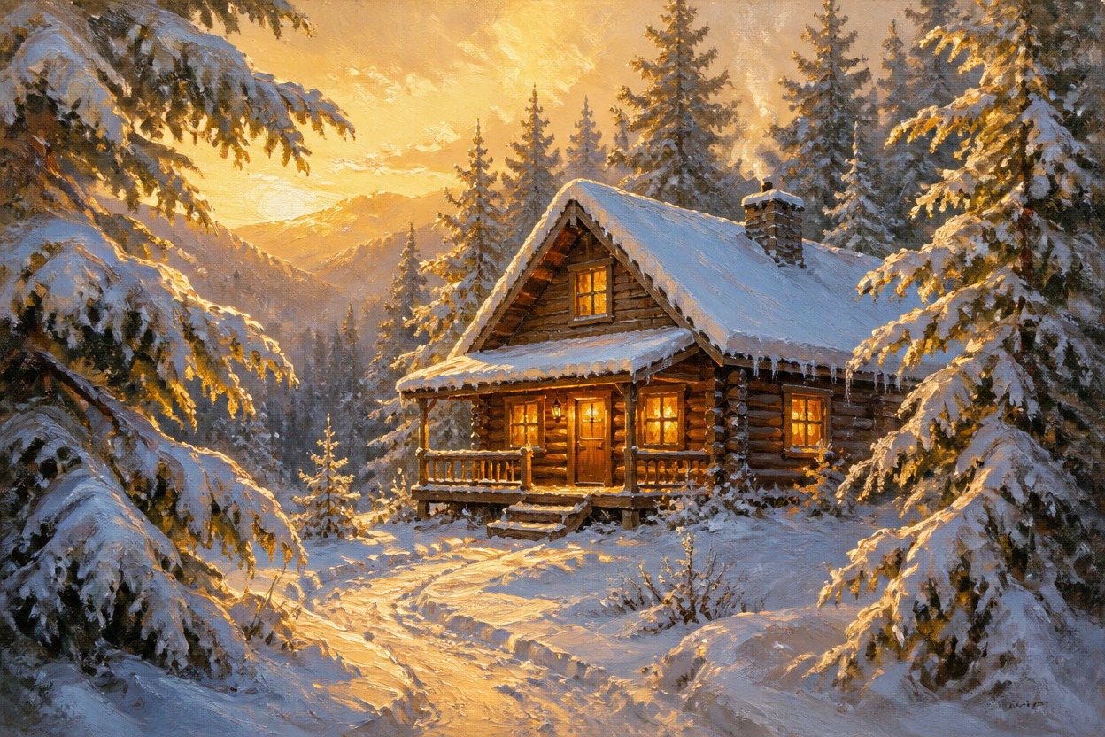Snow-covered woodland cabin rendered as a cool-toned oil painting
