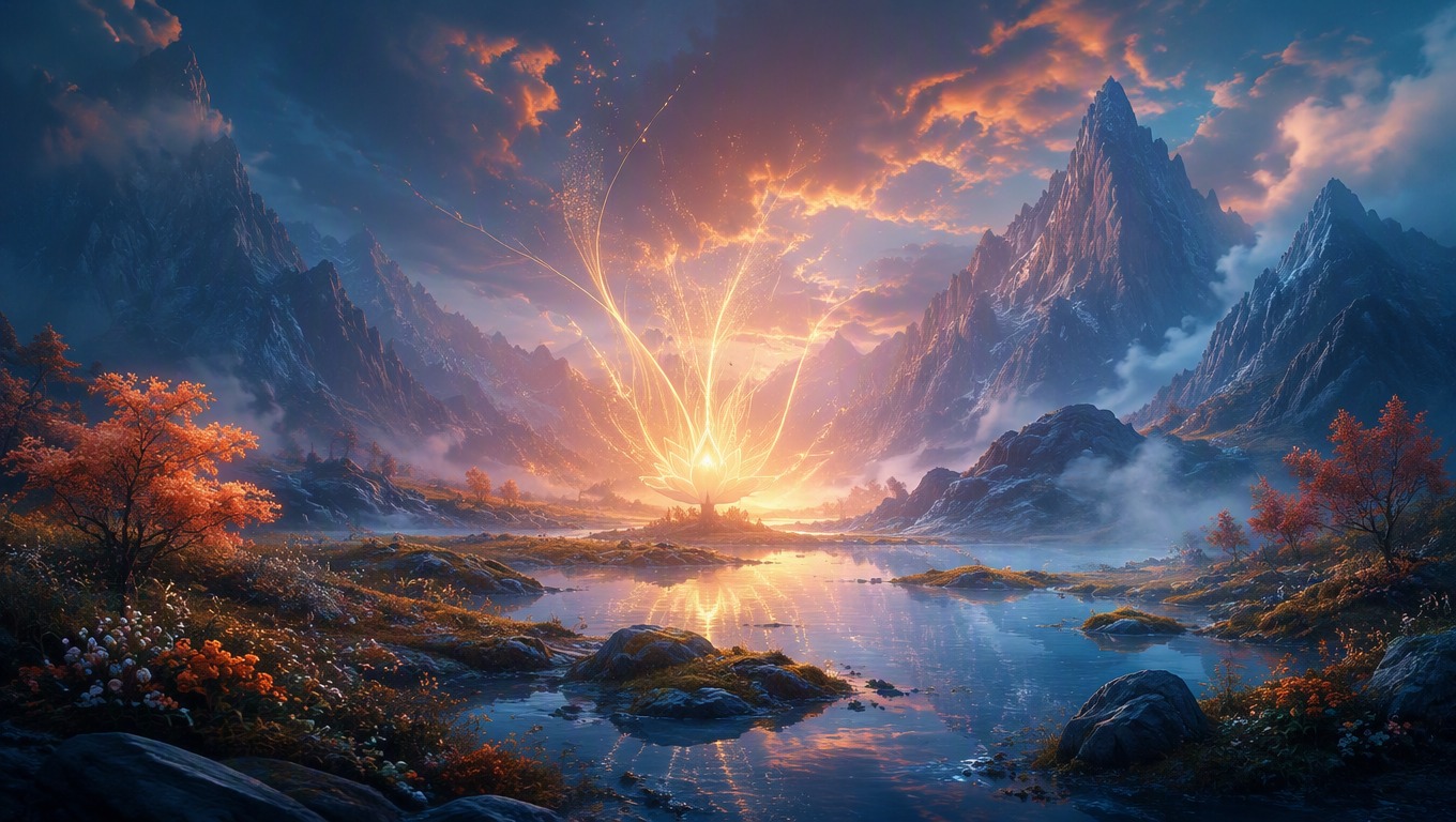 Surreal luminous mountain valley created with the AI Hug 1.0 image generator