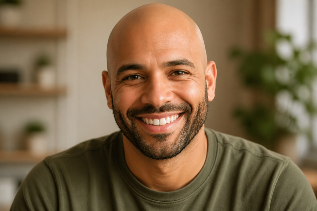 Chest-up portrait of an adult with a smooth natural bald scalp