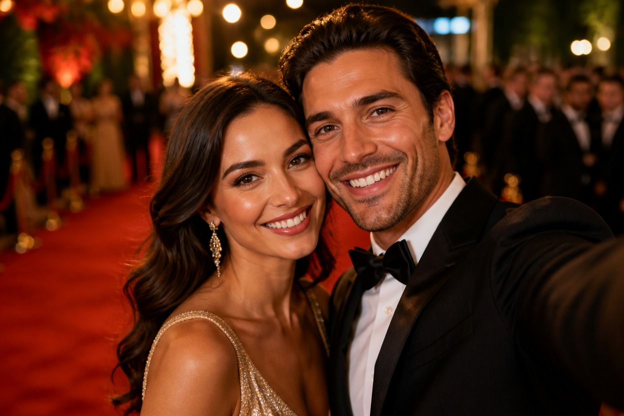 Two fictional adults posing together at a polished red-carpet event.
