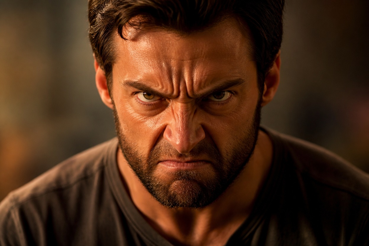 Close-up portrait with a deeply furrowed brow and intense angry expression