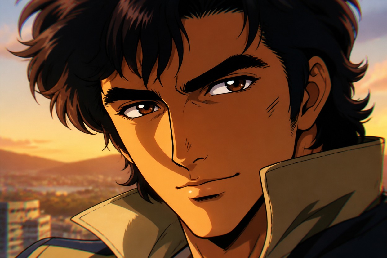 Stylized close-up portrait with bold ink contours and warm cel-shaded lighting.