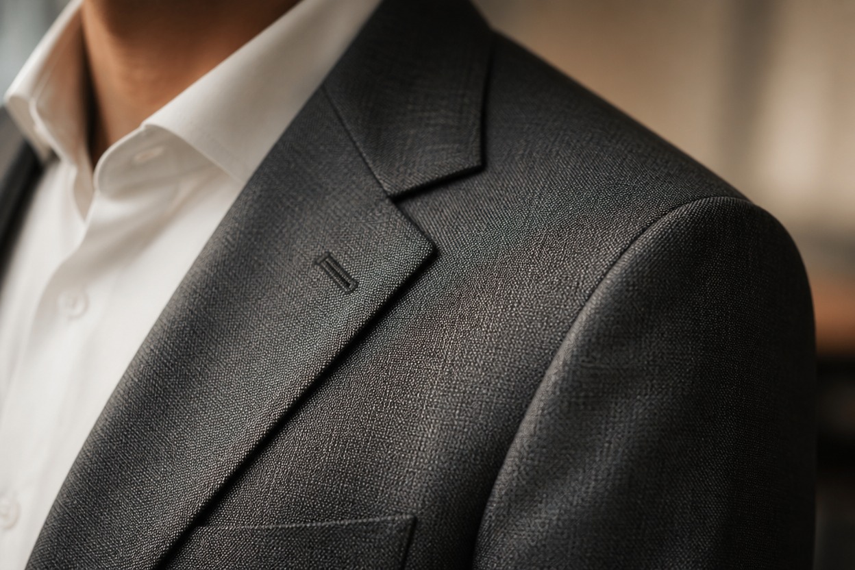 Close view of realistic suit fabric, folds, and tailored fit