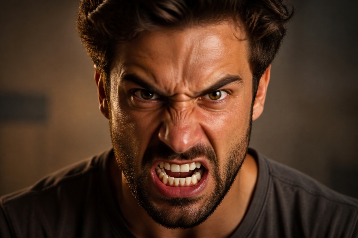 Cohesive cinematic portrait of a man snarling in anger