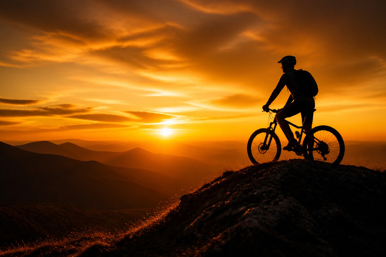 Cyclist silhouetted on a mountain ridge at golden sunset