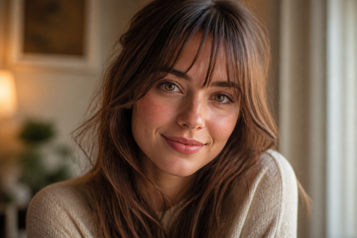 Indoor portrait of a woman with wispy bangs softly lit beside a window