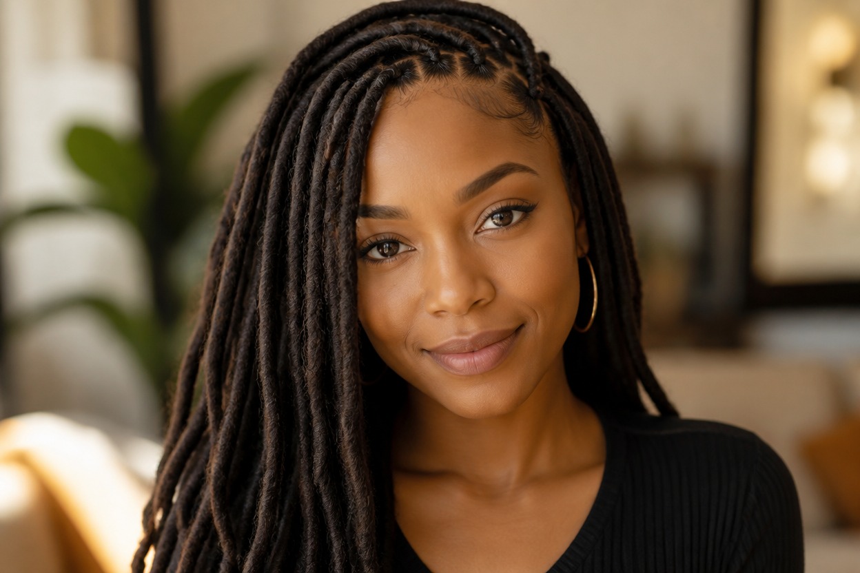 Portrait with a transformed loc hairstyle while pose, lighting, and background remain recognizable