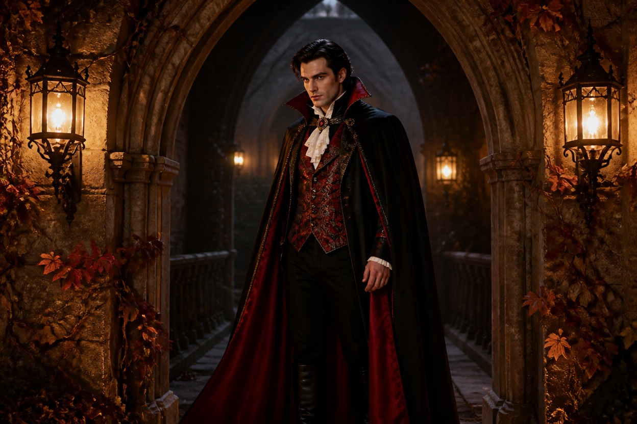 Full-length man in a black-and-red vampire costume beneath a lantern-lit Gothic arch