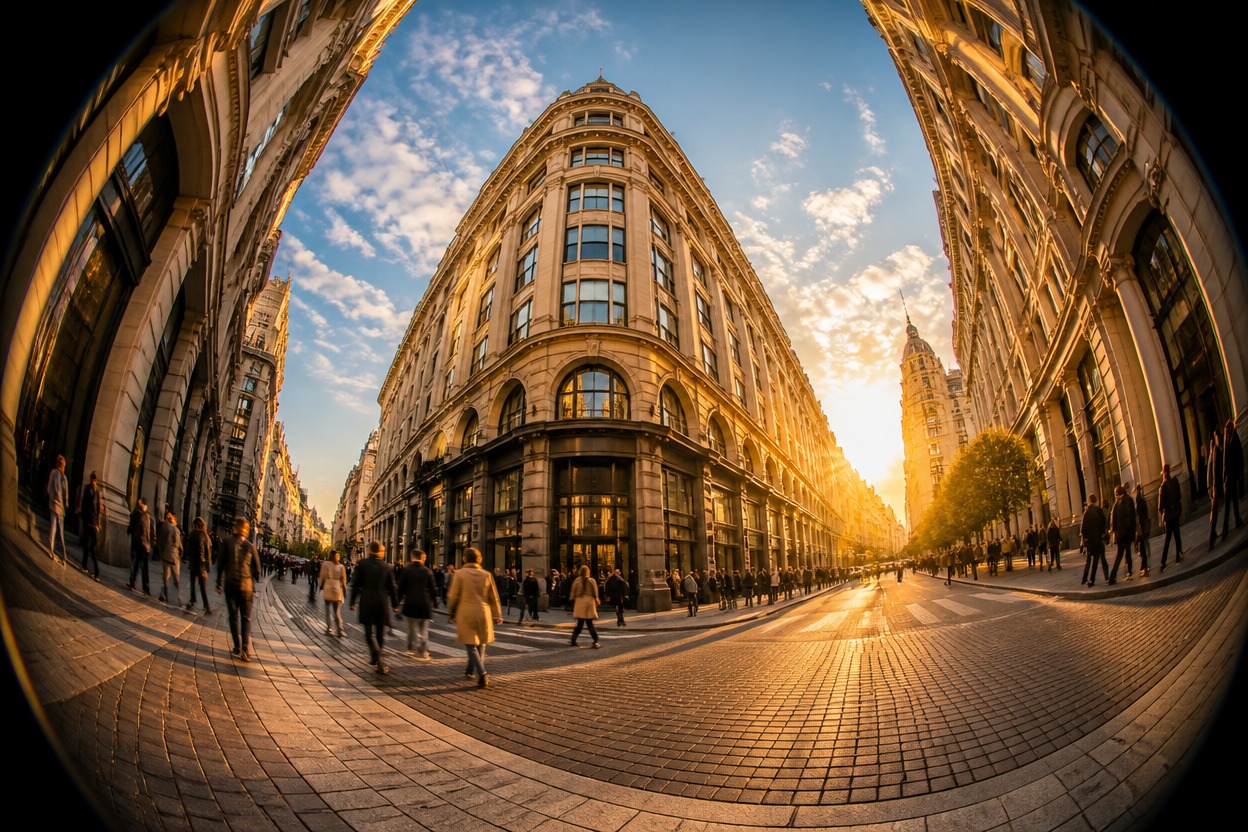 City street with sweeping curved lines and exaggerated fisheye depth