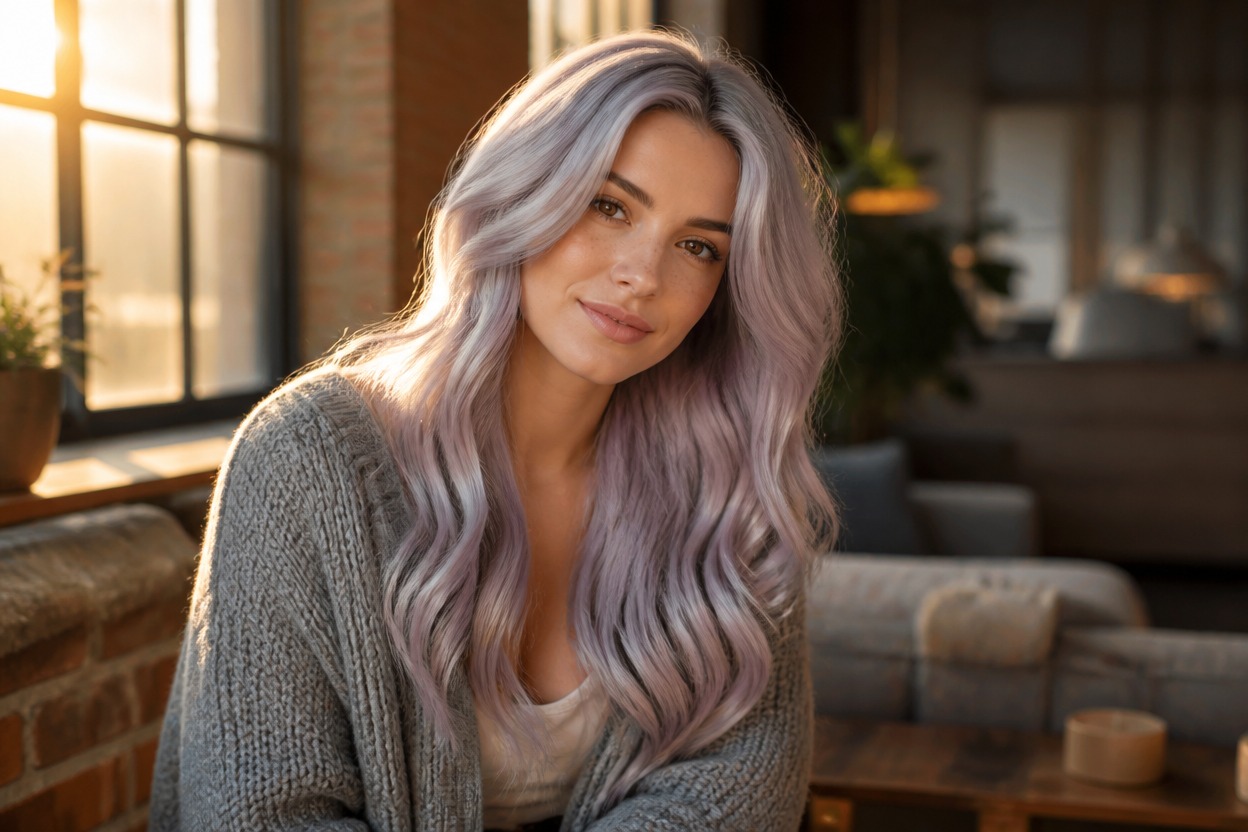 Woman with long wavy silver-lavender hair smiling beside sunlit loft windows in a gray knit cardigan.