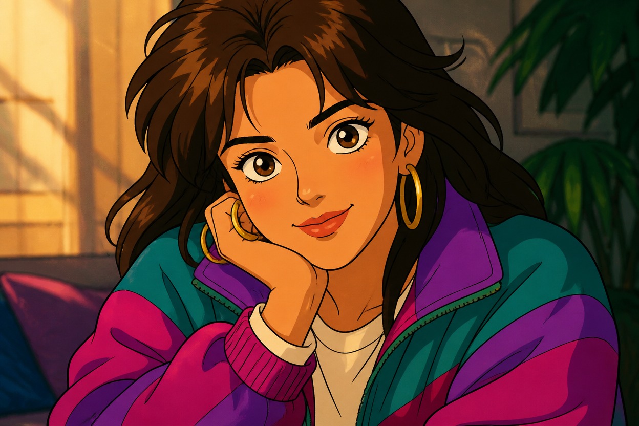 Original seated cartoon character with expressive hair and clothing detail