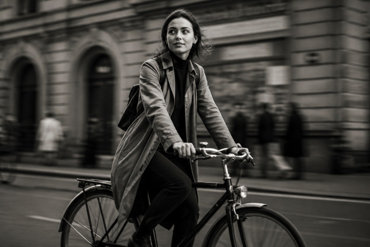 Monochrome city portrait of a cyclist with preserved subject focus and framing.