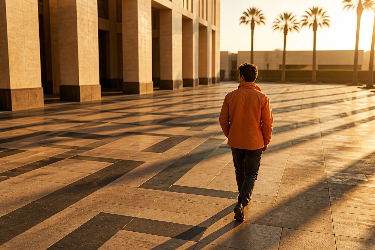 Adult in an orange jacket walking through a sunlit geometric plaza.