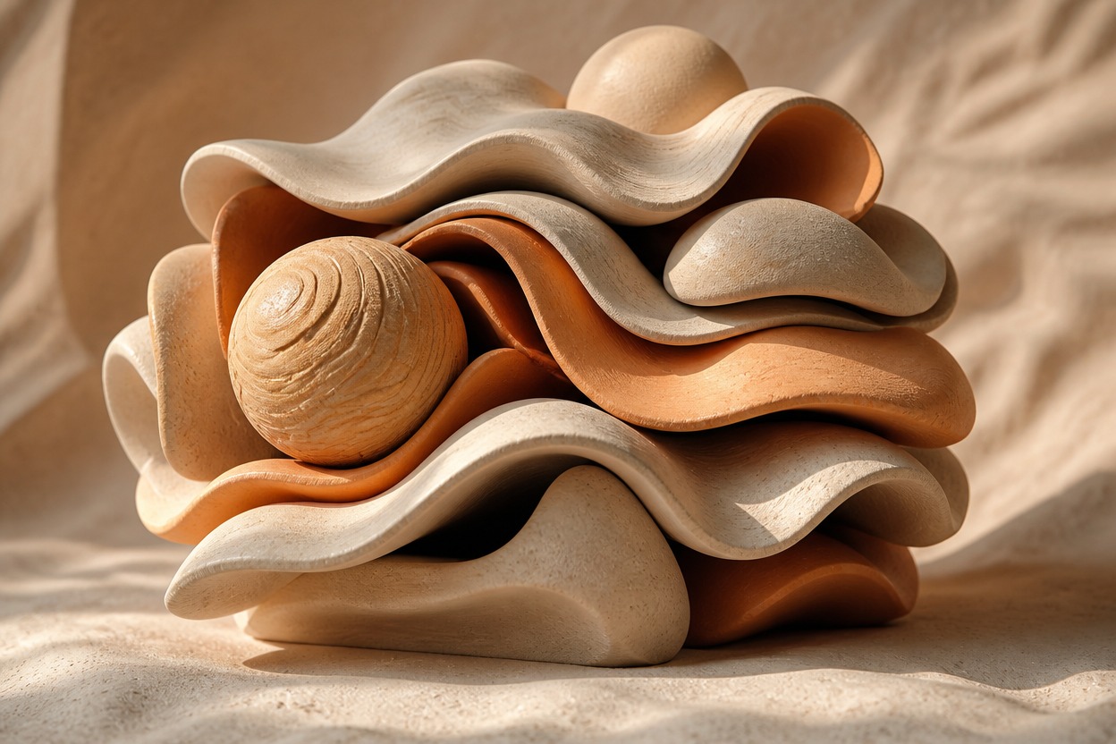 Sculpted materials with tactile texture and soft shadows