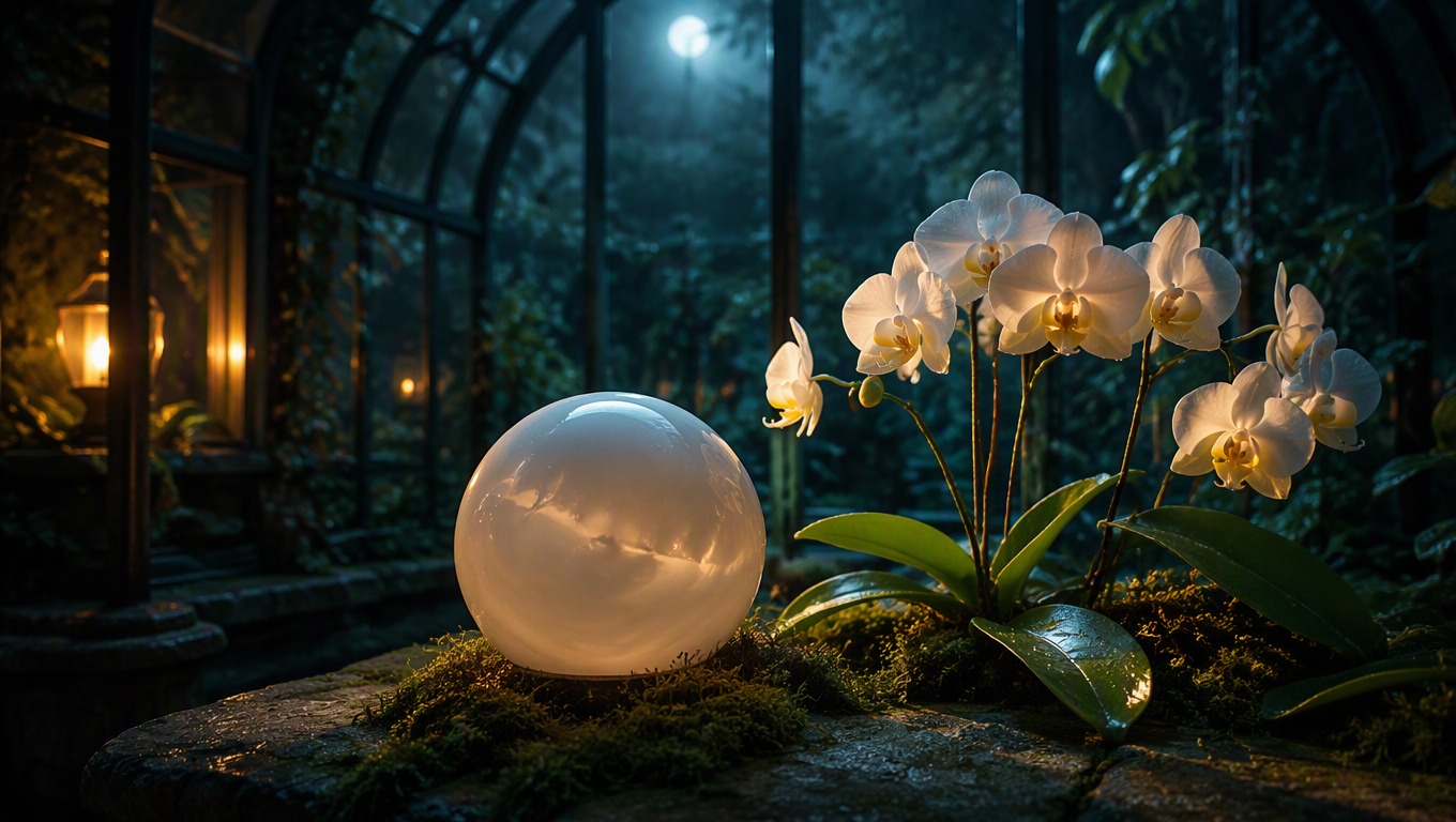 Luminous ceramic orb beside orchids in a cinematic moonlit conservatory