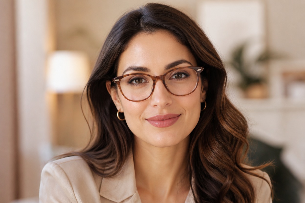 Editorial portrait with coordinated hairstyle, makeup, and eyewear styling