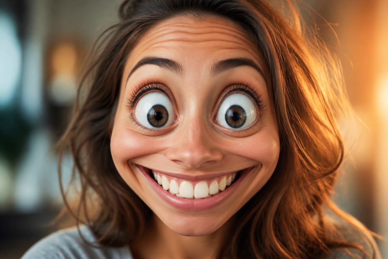 Playful distorted portrait with detailed hair, teeth, and background