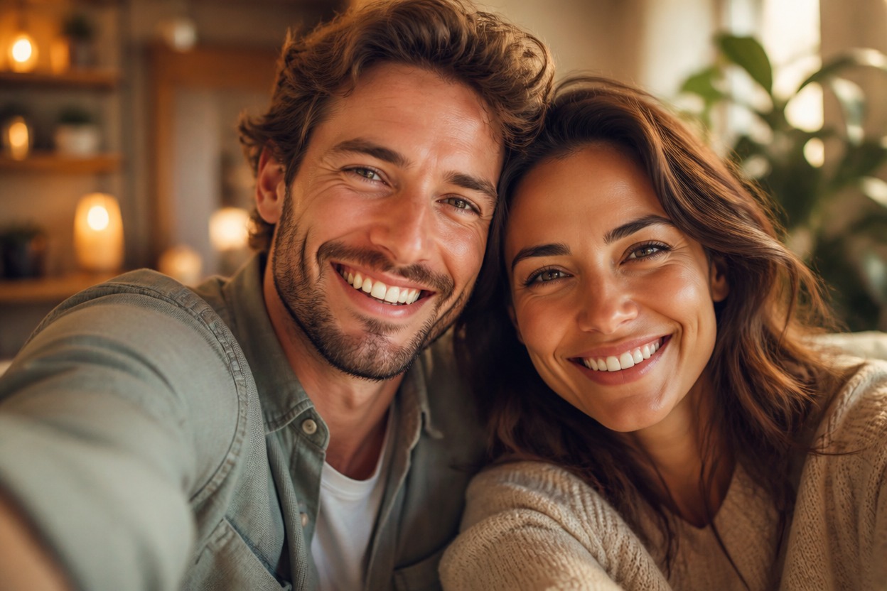 Two fictional adults sharing a close, naturally lit selfie.